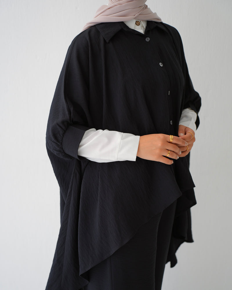 Over Sized Poncho and Pants Set Black C11063