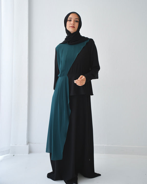 Peplum Side Chiffon Drape Abaya Teal C200