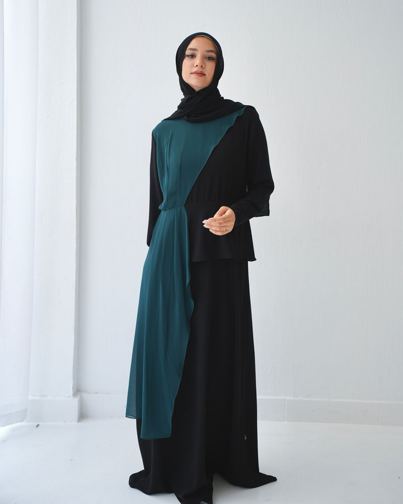 Peplum Side Chiffon Drape Abaya Teal C200