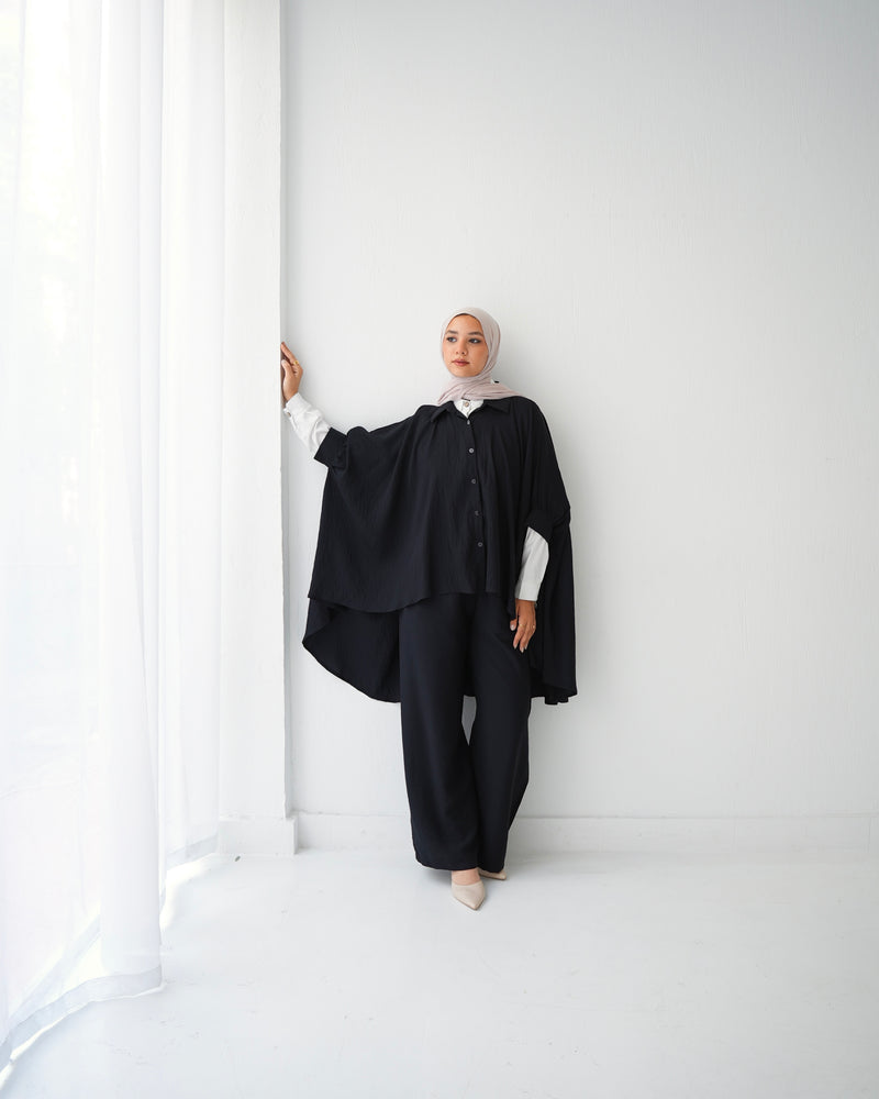 Over Sized Poncho and Pants Set Black C11063