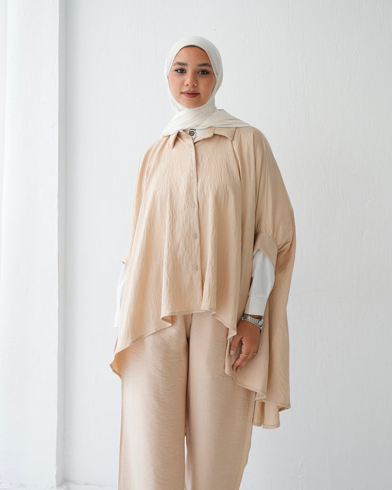 Over Sized Poncho and Pants Set Beige C11063
