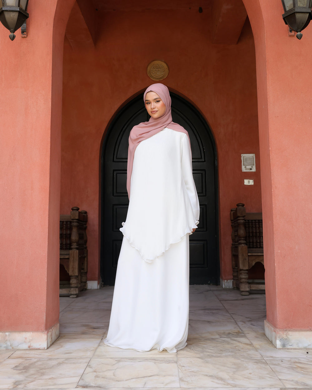 Pleated Layered Abaya Offwhite C1102