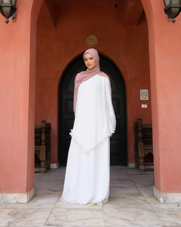 Pleated Layered Abaya Offwhite C1102