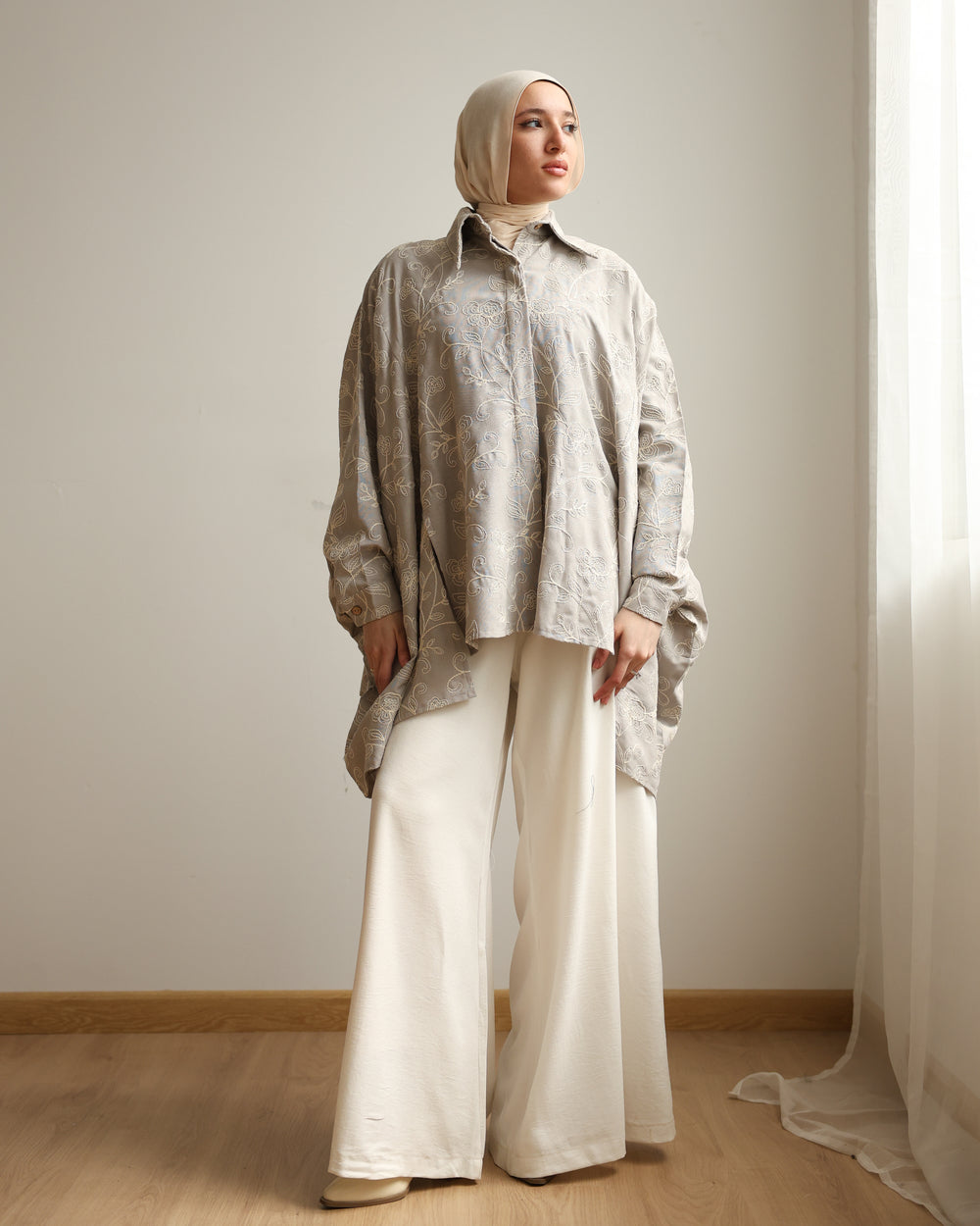 Floral Embroidered Oversized Linen Shirt Grey C2190