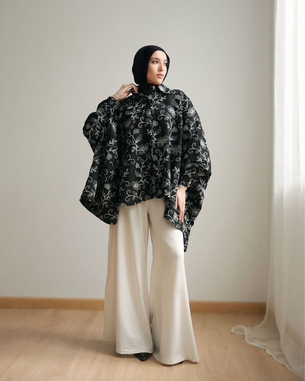 Floral Embroidered Oversized Linen Shirt Black C2190