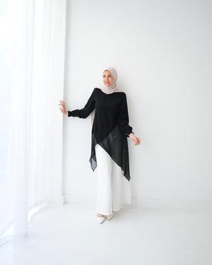 High Low Silk Chiffon Blouse Black C242