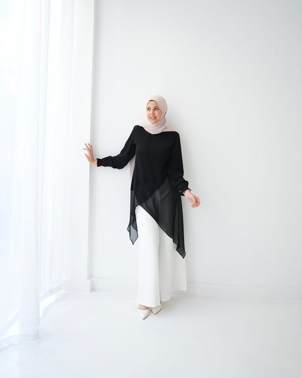 High Low Silk Chiffon Blouse Black C242