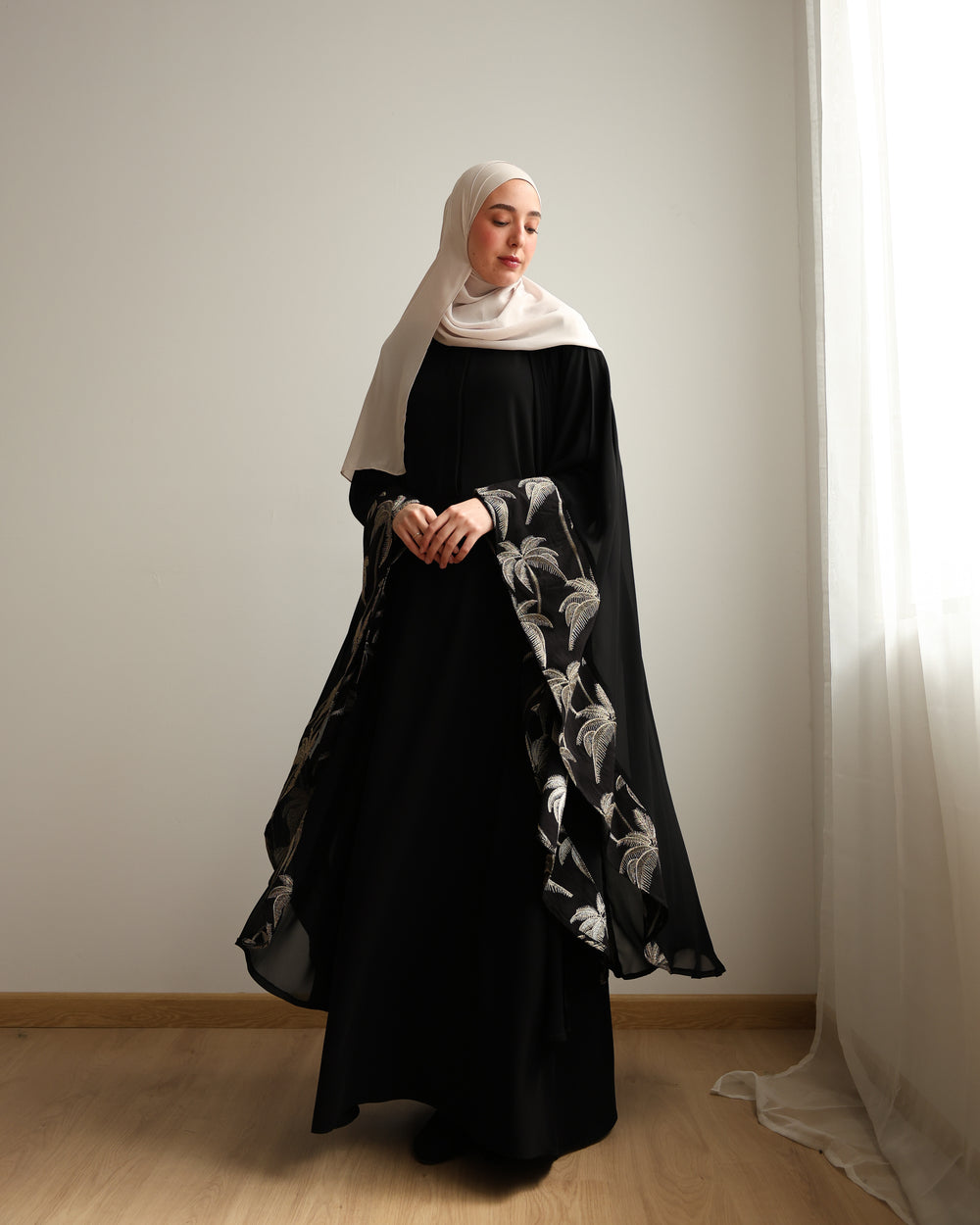 Palm Embroidered Chiffon Cape Black C2741