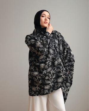 Floral Embroidered Oversized Linen Shirt Black C2190