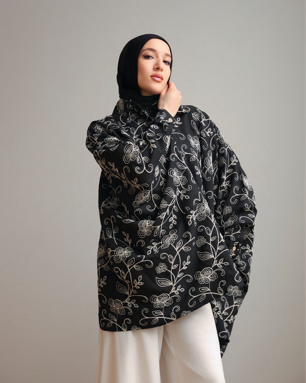 Floral Embroidered Oversized Linen Shirt Black C2190