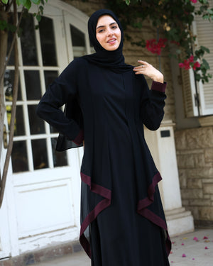 Abaya With Front Chiffon Drape Black Maroon C65