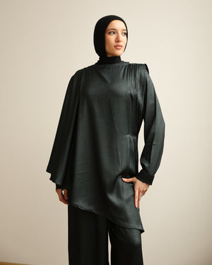Shimmer Cape-Overlay Jumpsuit Dark Green C1781