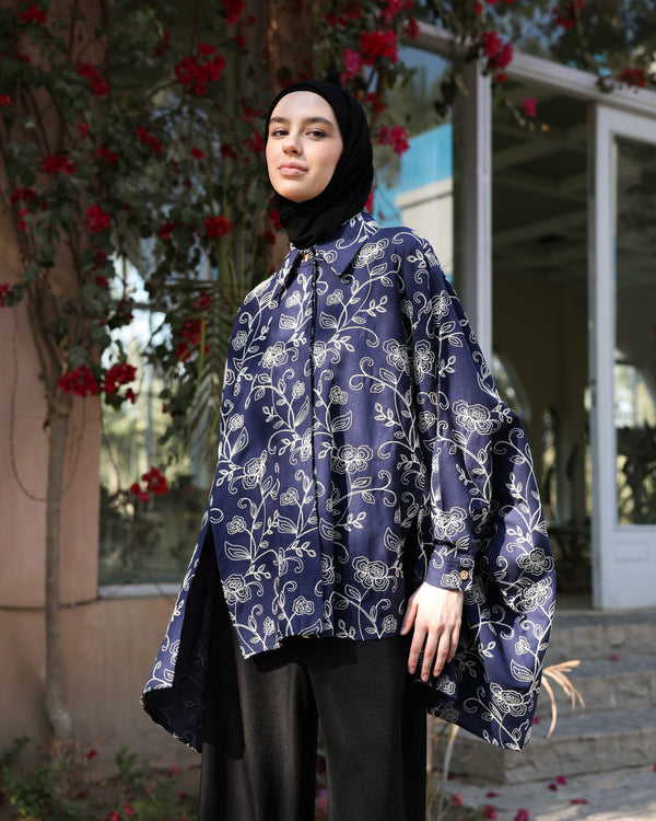 Floral Embroidered Oversized Linen Shirt Navy C2190