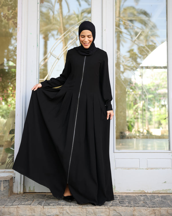 Zipper Pleated Abaya Black C289