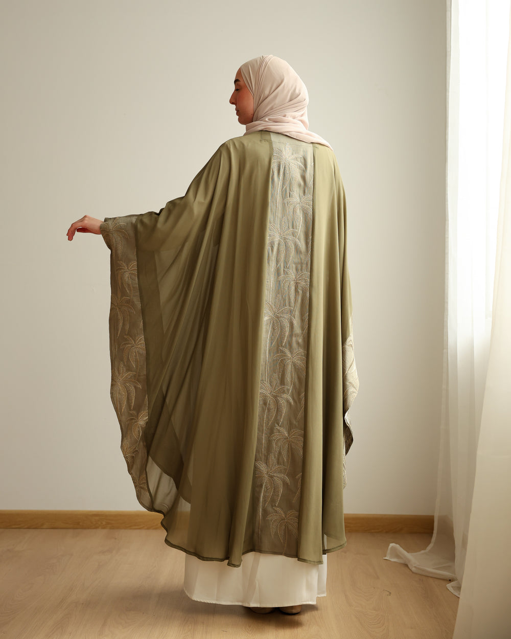 Palm Embroidered Chiffon Cape Olive C2741