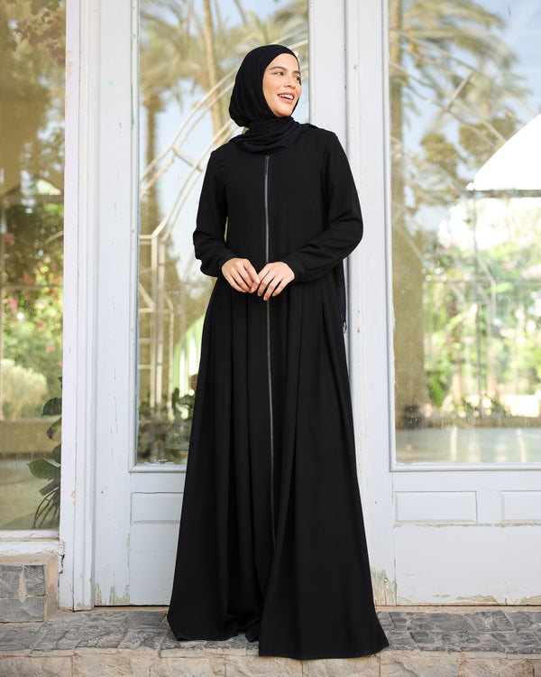 Zipper Pleated Abaya Black C289