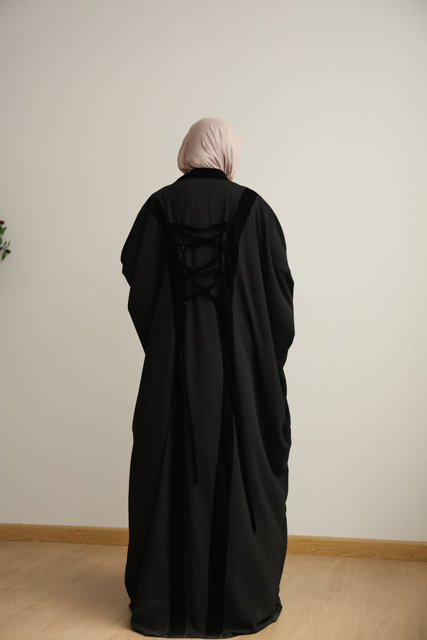 The Velvet Lace-Back Crepe Open Abaya C273