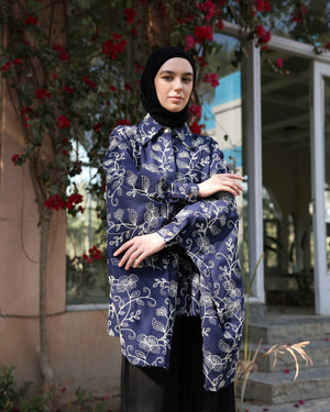 Floral Embroidered Oversized Linen Shirt Navy C2190
