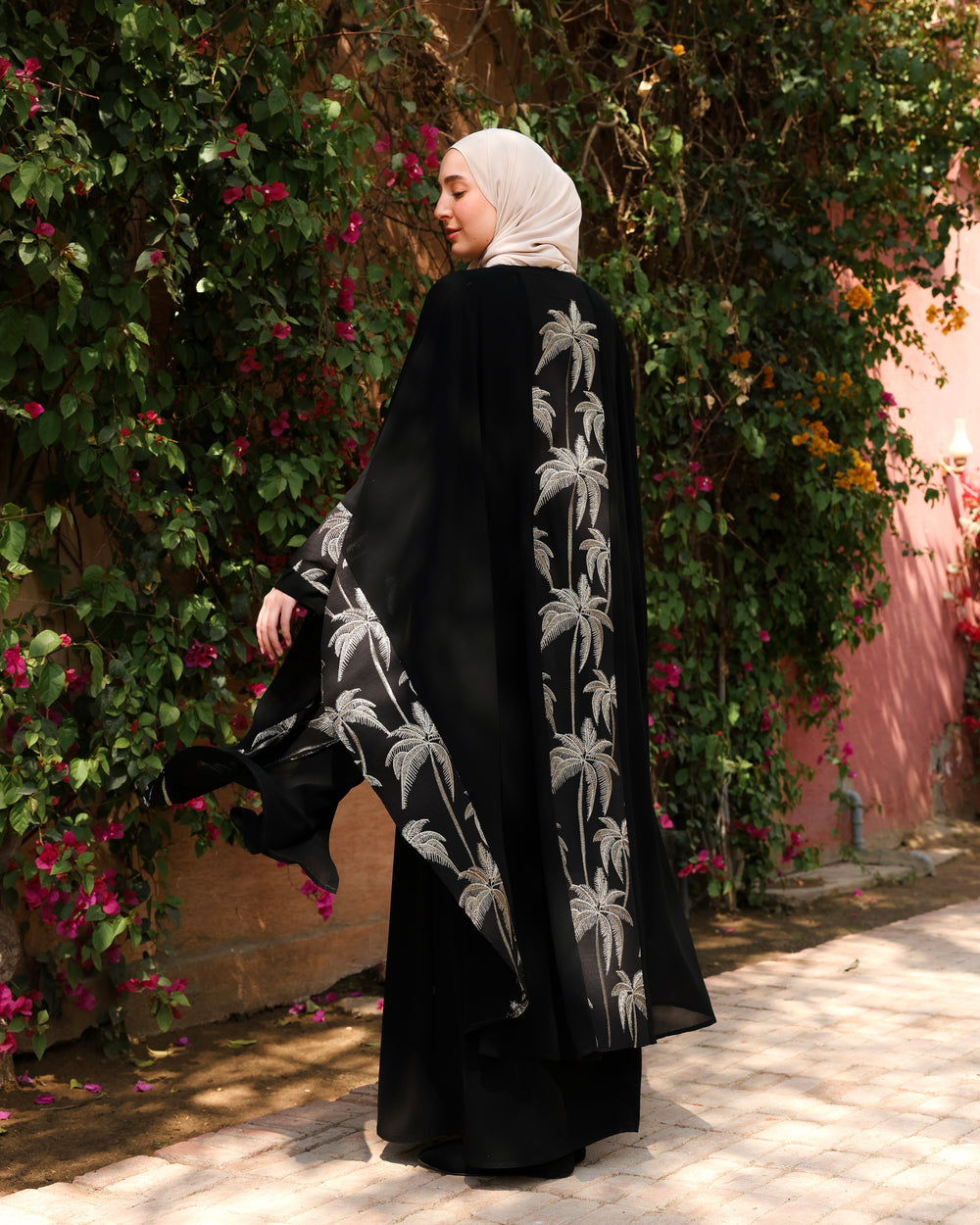 Palm Embroidered Chiffon Cape Black C2741