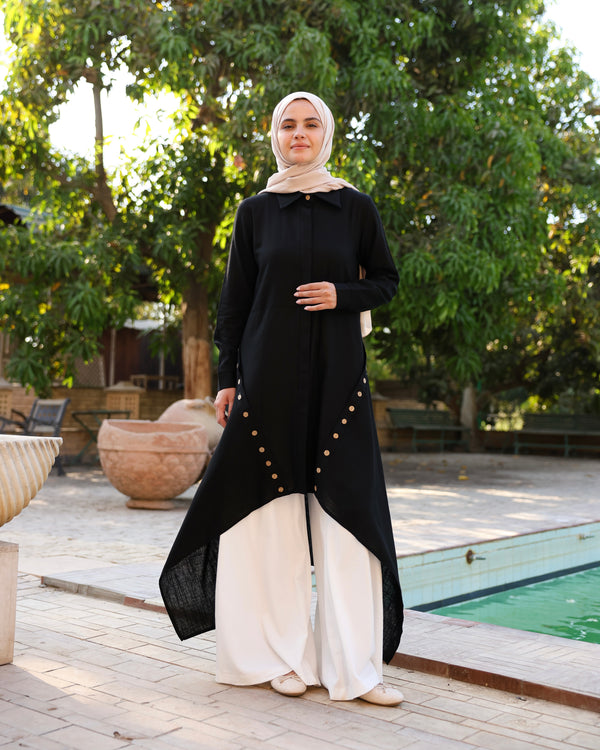 High Low Linen Buttoned Shirt Black C2751