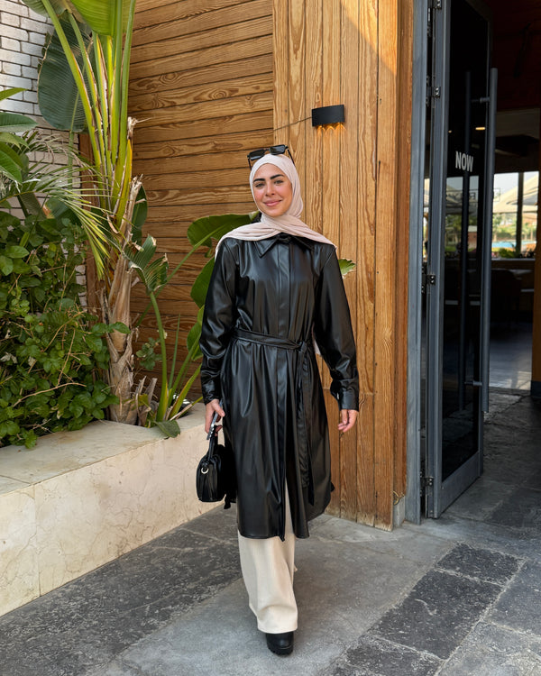 Back Pleated Leather Chemise Black C2342