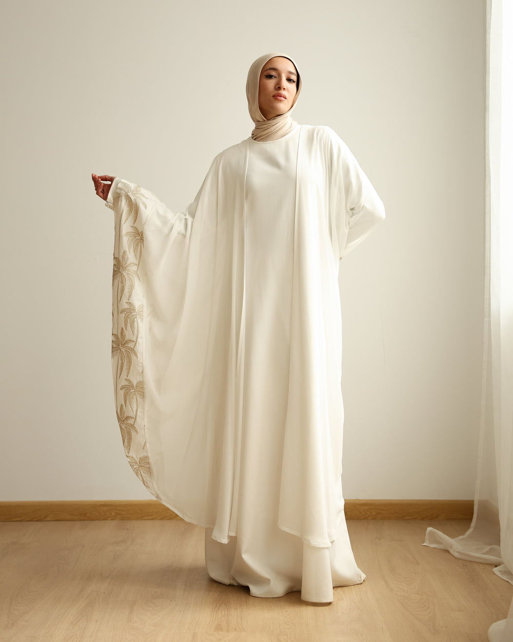 Palm Embroidered Chiffon Cape Offwhite C2741