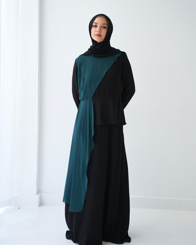 Peplum Side Chiffon Drape Abaya Teal C200