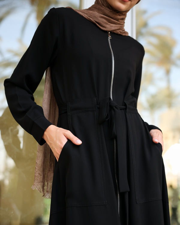 Zipper Abaya With Waist Tie C188