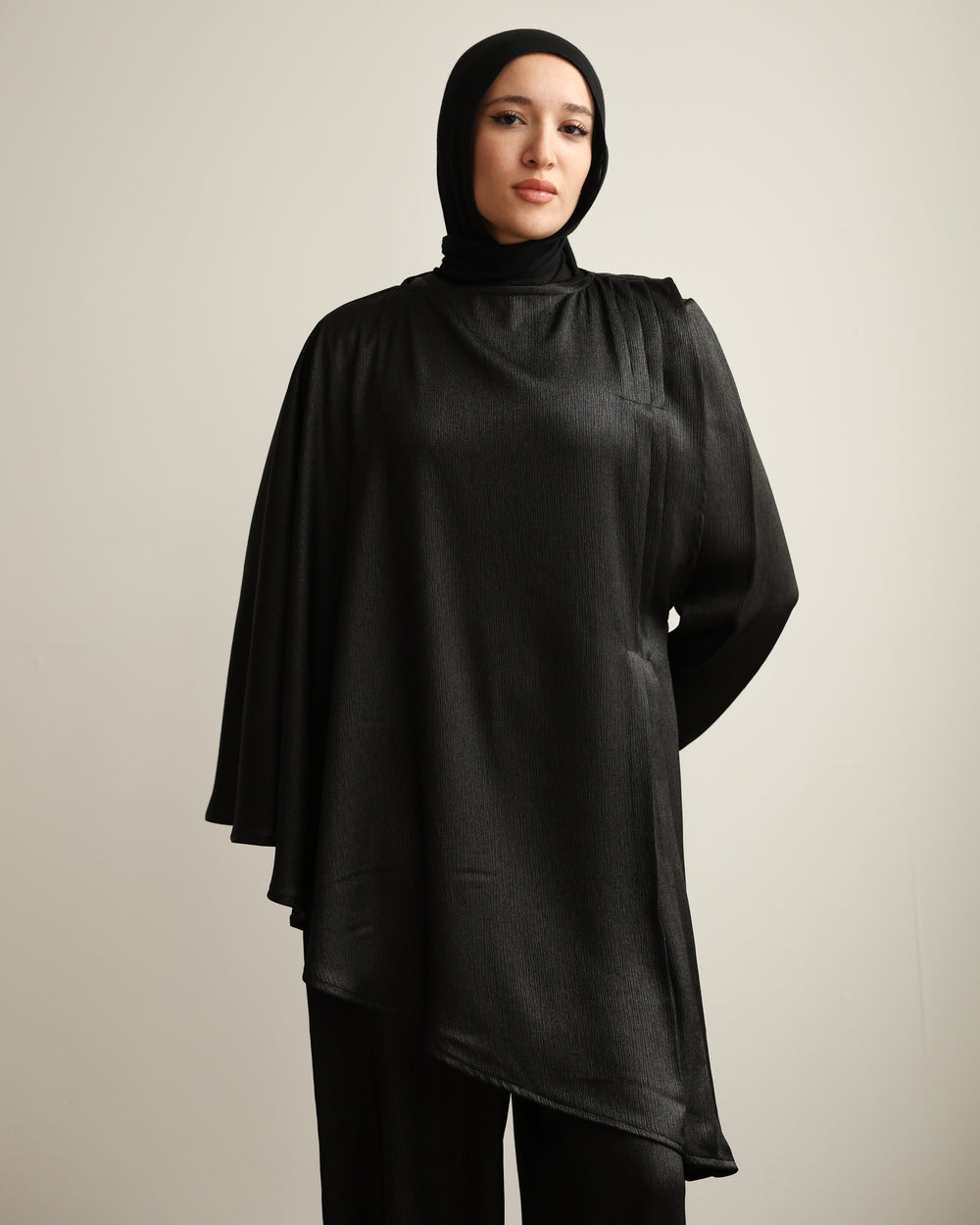 Shimmer Cape-Overlay Jumpsuit Black C1781