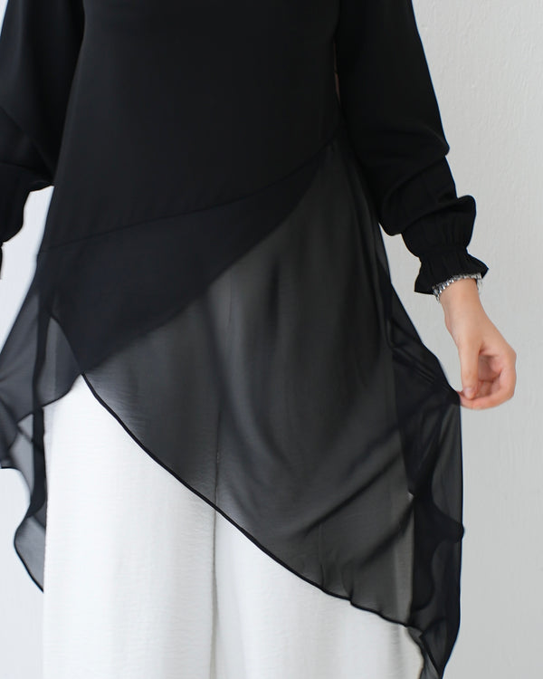 High Low Silk Chiffon Blouse Black C242