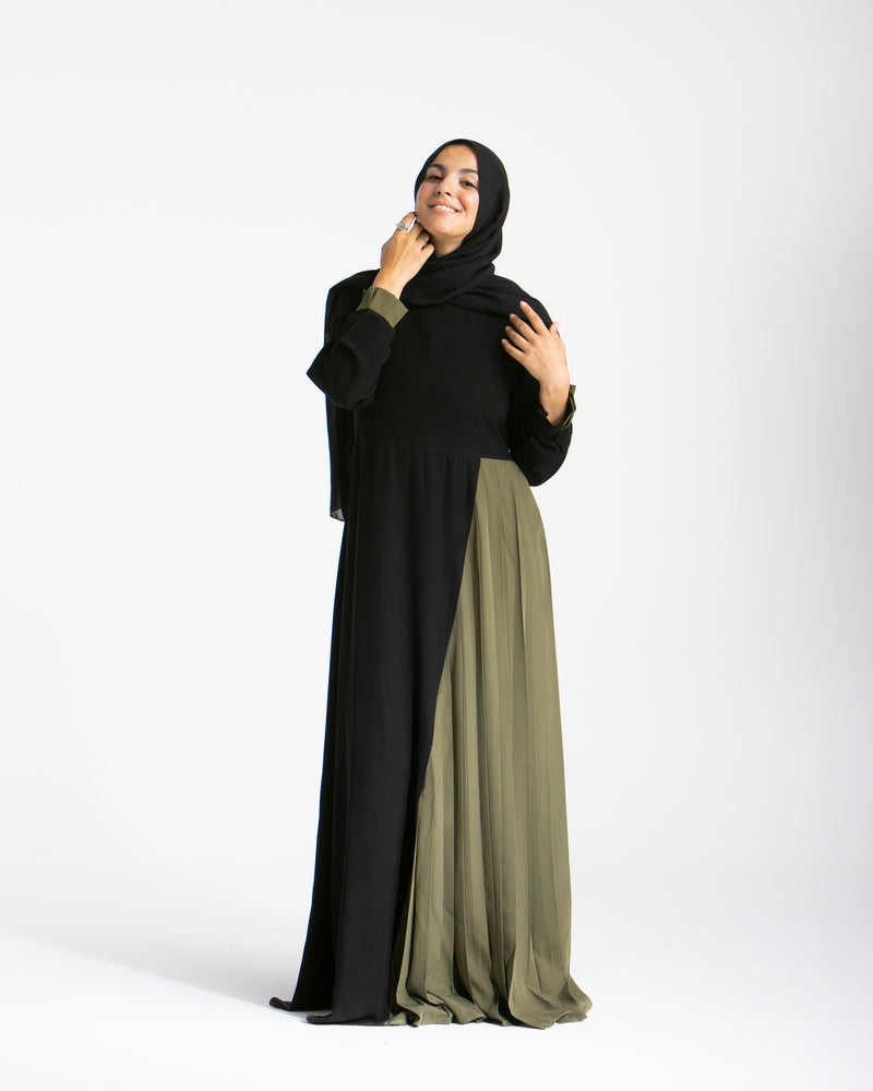 Asymmetrical Pleated Abaya Olive C104