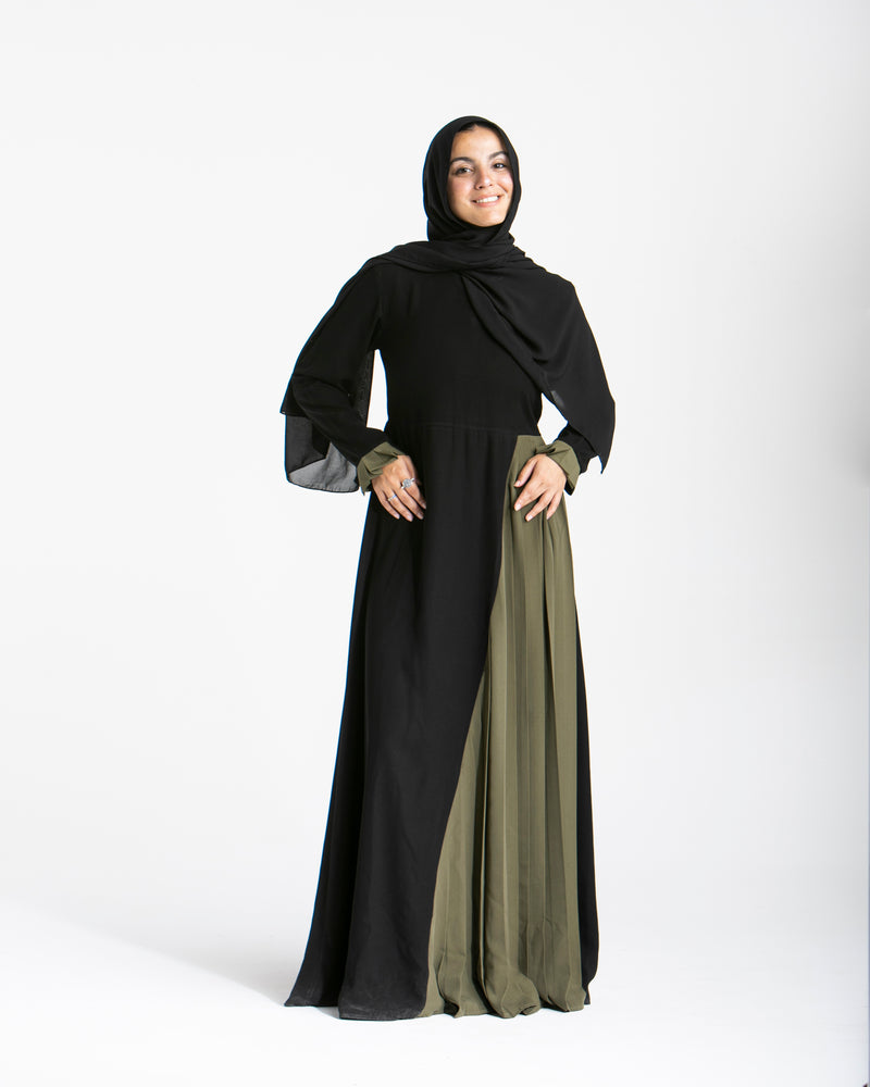 Asymmetrical Pleated Abaya Olive C104