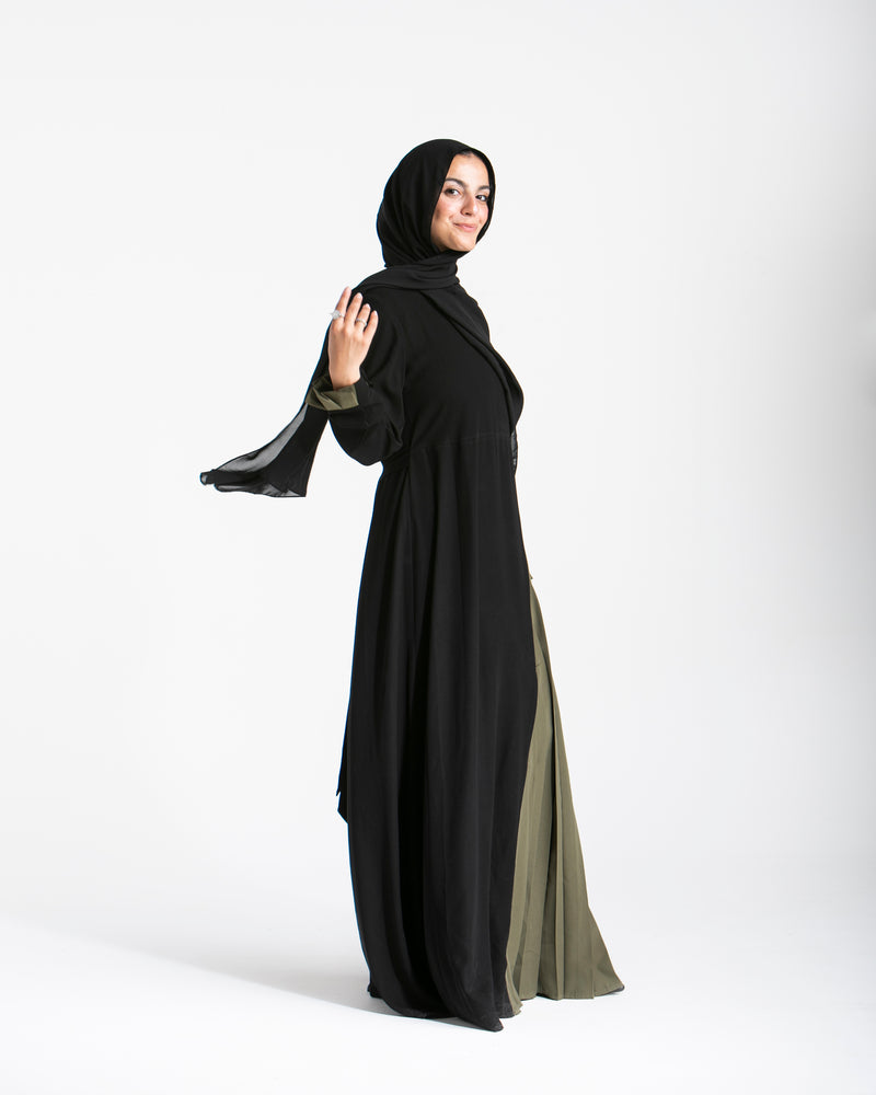 Asymmetrical Pleated Abaya Olive C104