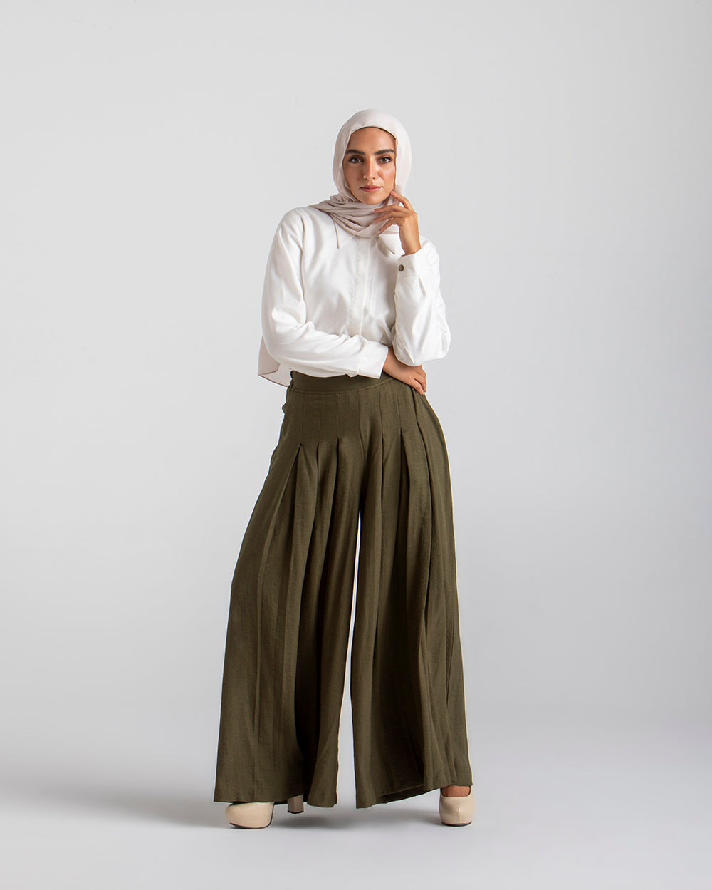 Linen Pleated Jupe Pantalon Olive C148