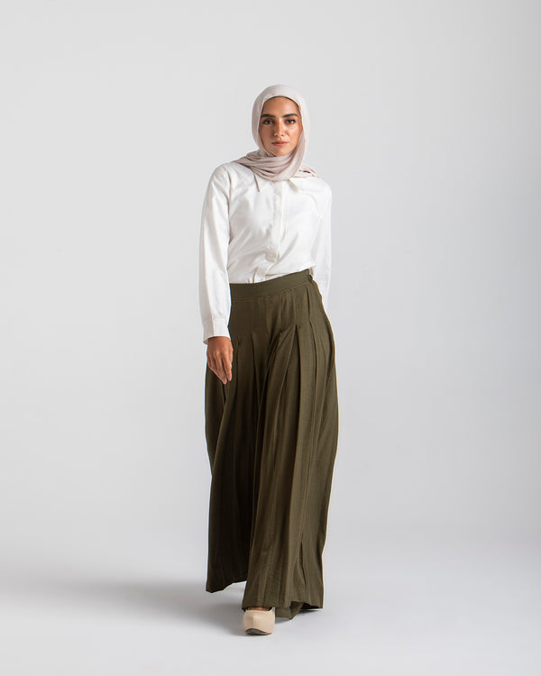 Linen Pleated Jupe Pantalon Olive C148