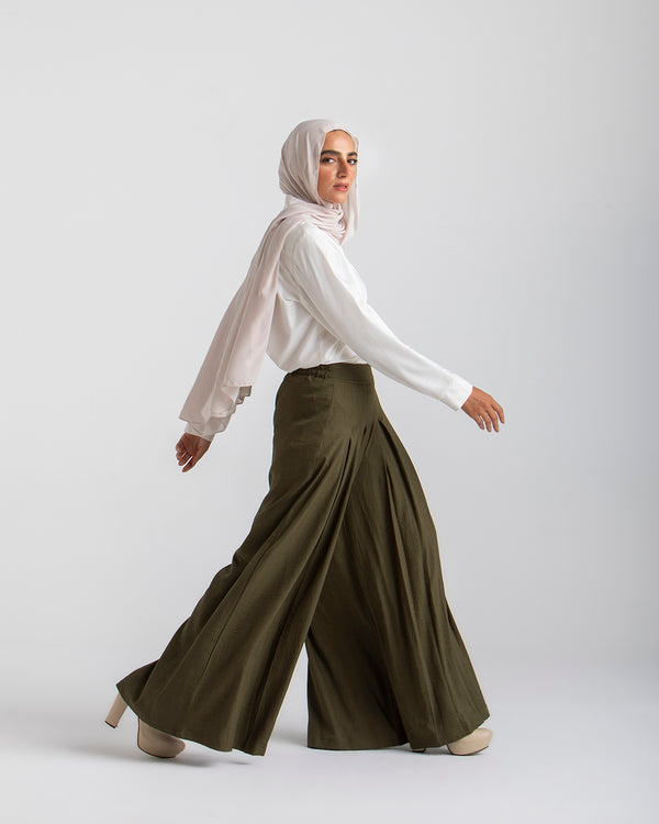 Linen Pleated Jupe Pantalon Olive C148