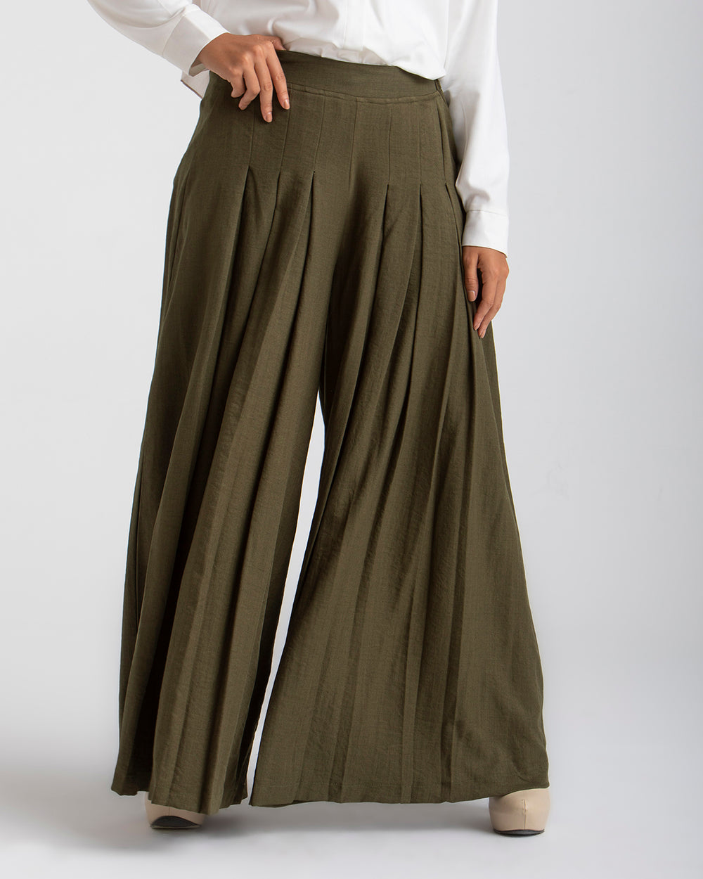 Linen Pleated Jupe Pantalon Olive C148