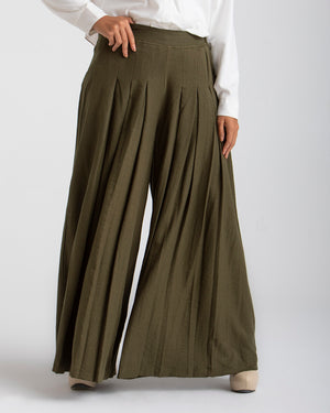 Linen Pleated Jupe Pantalon Olive C148