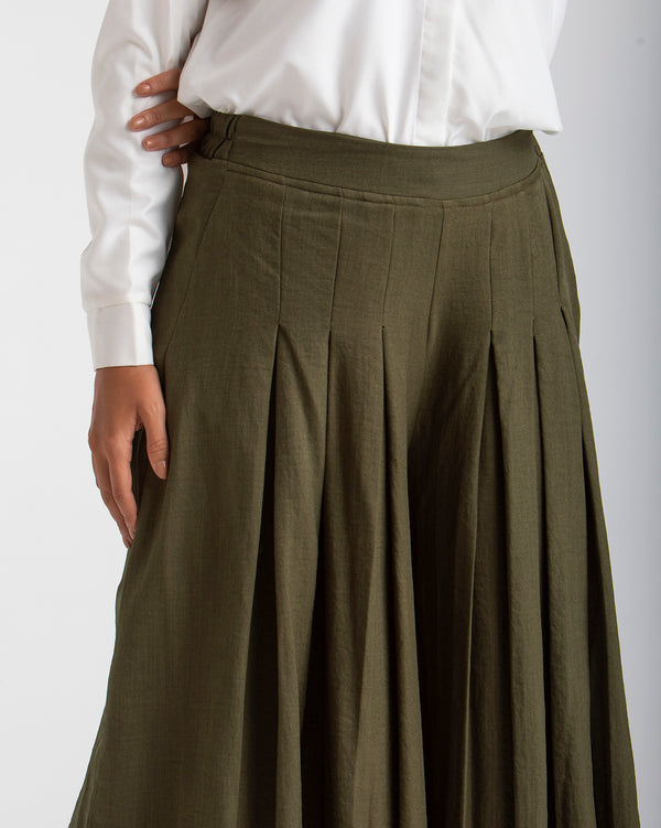 Linen Pleated Jupe Pantalon Olive C148