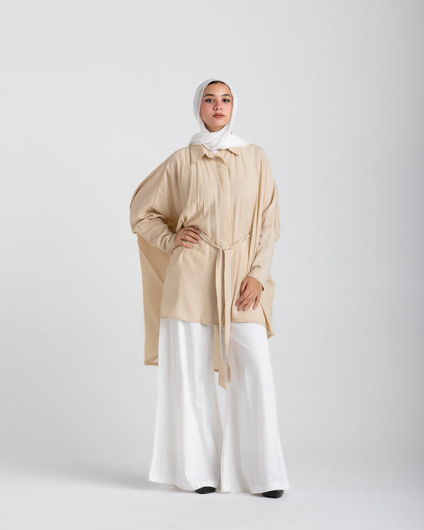 Free Size Linen Buttoned Chemise Beige C2231