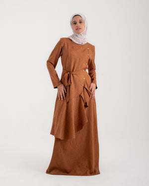 Linen Buttoned Ruffle Dress Rust C198
