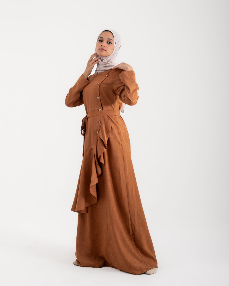 Linen Buttoned Ruffle Dress Rust C198