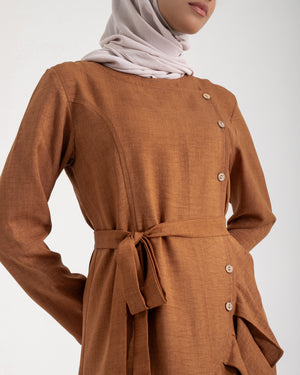 Linen Buttoned Ruffle Dress Rust C198
