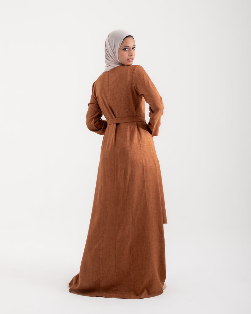 Linen Buttoned Ruffle Dress Rust C198