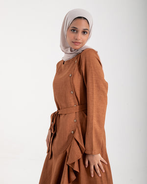 Linen Buttoned Ruffle Dress Rust C198