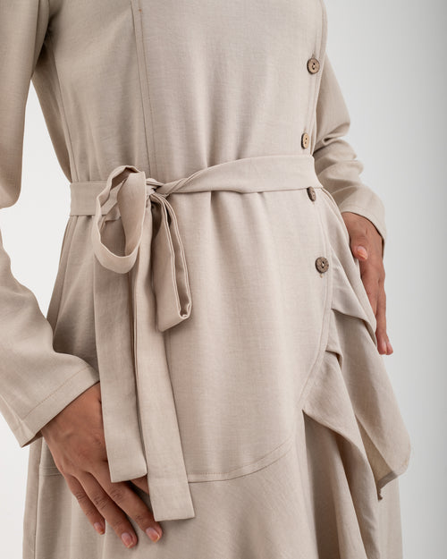 Linen Buttoned Ruffle Dress Light Beige C198