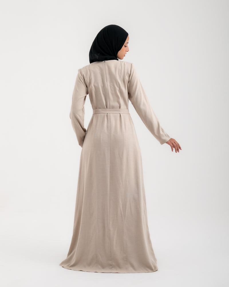 Linen Buttoned Ruffle Dress Light Beige C198