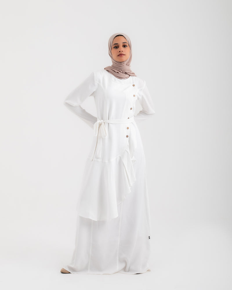 Linen Buttoned Ruffle Dress Offwhite C198