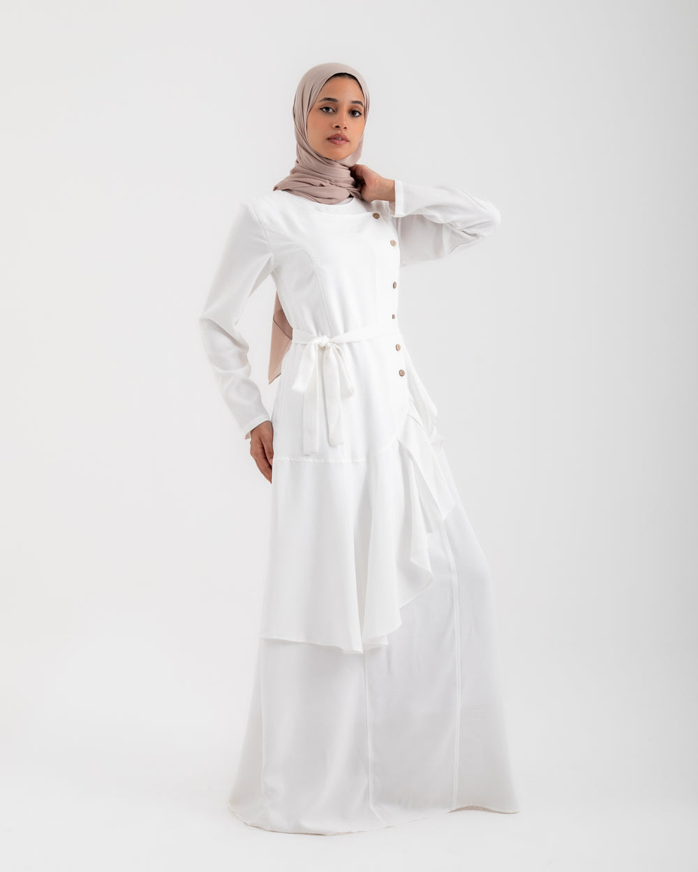 Linen Buttoned Ruffle Dress Offwhite C198