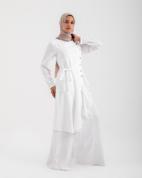 Linen Buttoned Ruffle Dress Offwhite C198